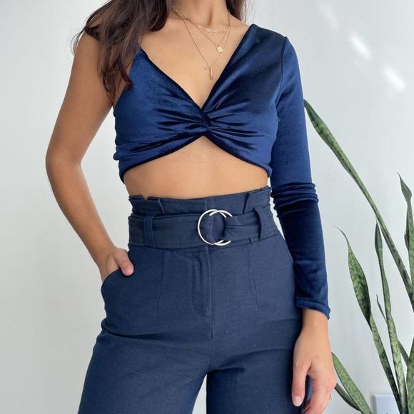 love J Tops - One shoulder velvet crop top in blue